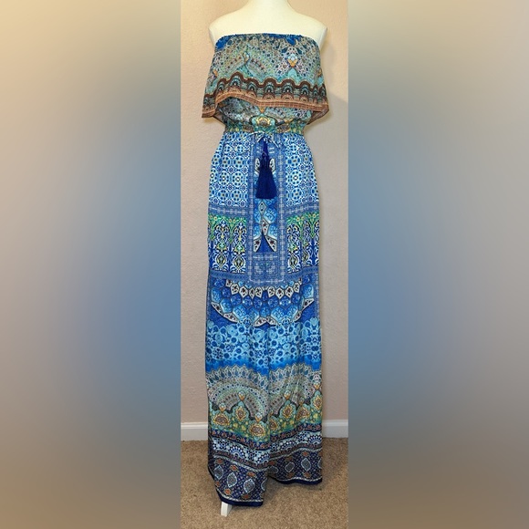 Shahida Parides‎ silk viscose strapless jumpsuit blue green pattern bohemian S/M - Picture 2 of 11
